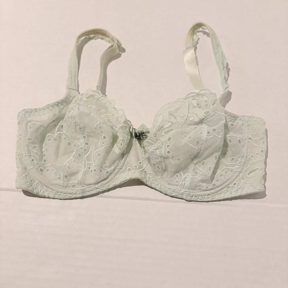 Vintage AUBADE Paris Bra: Mint Floral Lace Embroidery Underwire 32F Bead Accent